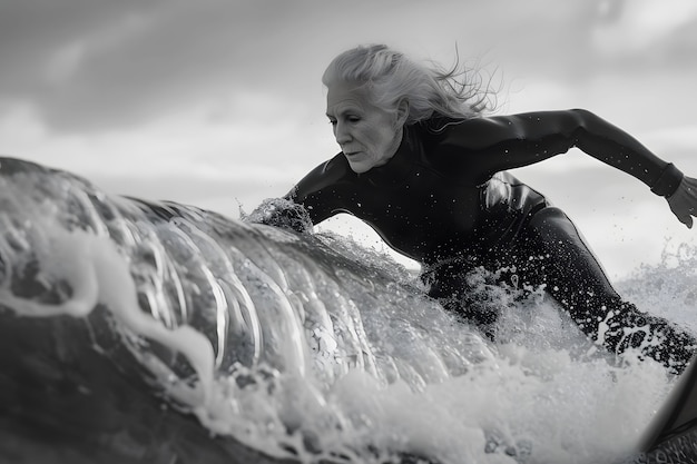 Portrait monochrome d'une personne surfant parmi les vagues