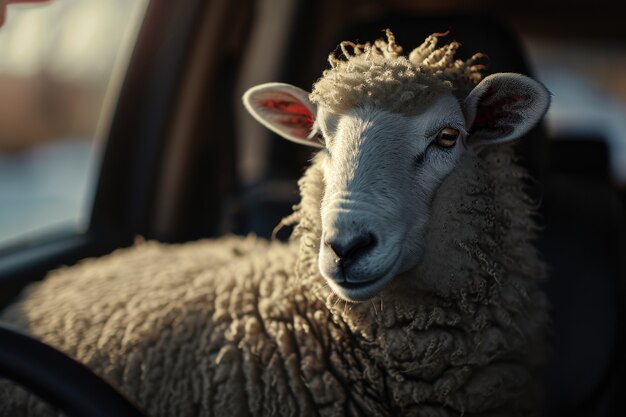 Portrait d'un mouton dans une voiture