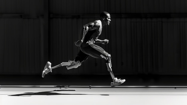 Portrait en noir et blanc d'un athlète en compétition aux championnats paralympiques