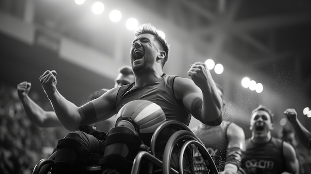 Portrait en noir et blanc d'un athlète en compétition aux championnats paralympiques