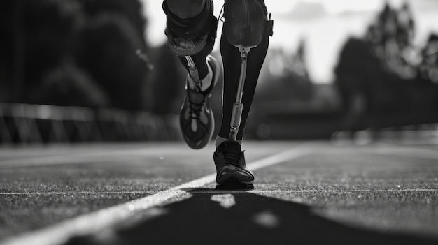 Portrait en noir et blanc d'un athlète en compétition aux championnats paralympiques
