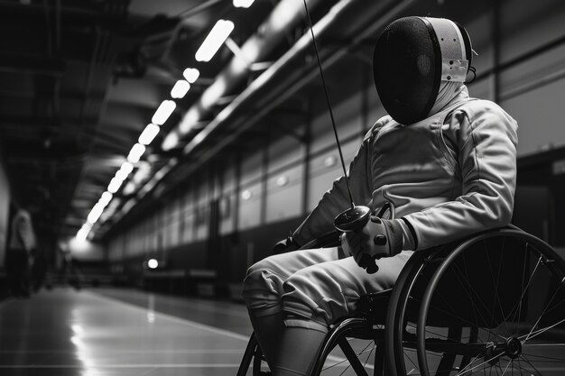 Portrait en noir et blanc d'un athlète en compétition aux championnats paralympiques