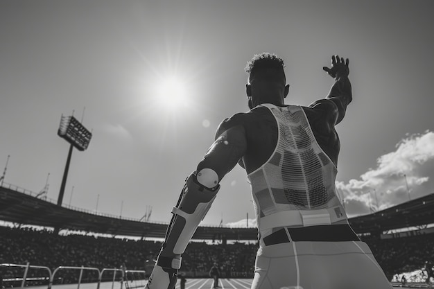 Photo gratuite portrait en noir et blanc d'un athlète en compétition aux championnats paralympiques