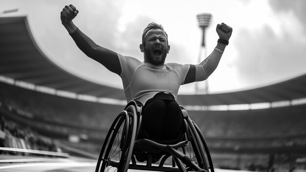 Portrait en noir et blanc d'un athlète en compétition aux championnats paralympiques