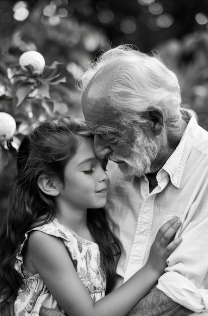 Photo gratuite portrait en noir et blanc du grand-père avec son petit-fils