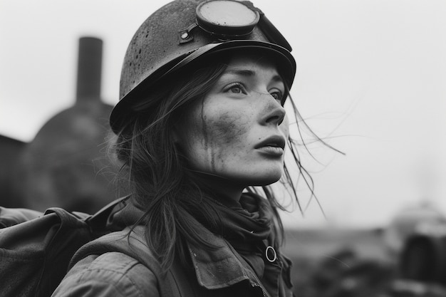 Photo gratuite portrait en noir et blanc d'une femme ouvrière lors de la célébration de la fête du travail