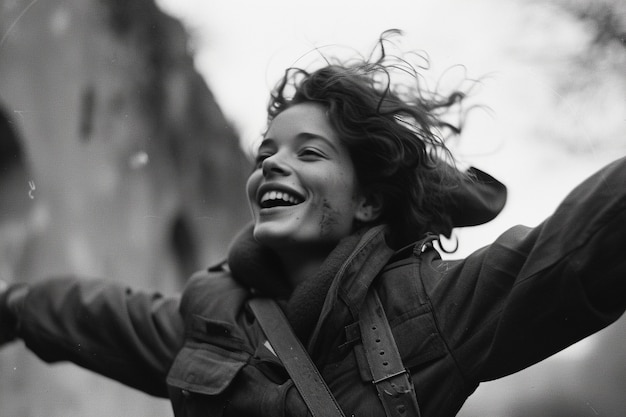 Photo gratuite portrait en noir et blanc d'une femme ouvrière lors de la célébration de la fête du travail