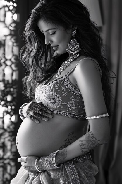 Portrait en noir et blanc d'une femme qui attend un bébé