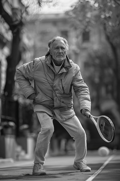 Photo gratuite portrait en noir et blanc d'un joueur de tennis professionnel