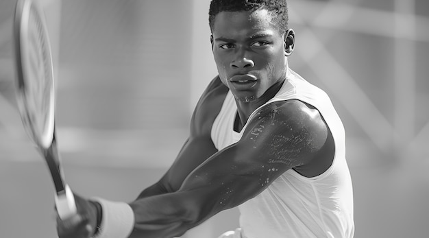 Portrait en noir et blanc d'un joueur de tennis professionnel