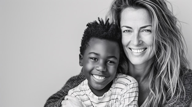 Photo gratuite portrait en noir et blanc d'une mère et d'un enfant montrant la vulnérabilité et l'acceptation de soi.