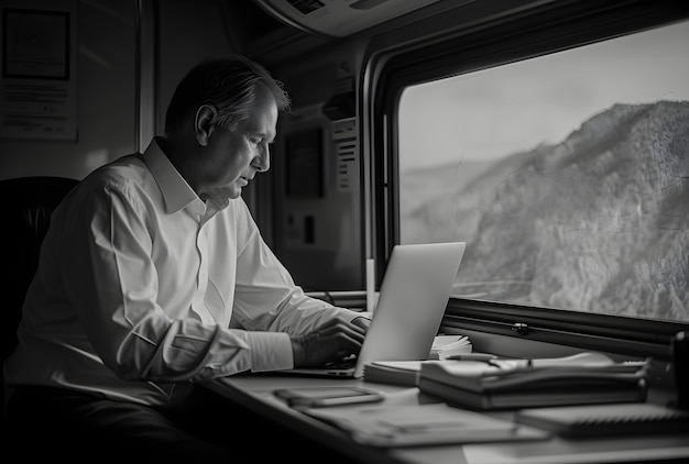 Photo gratuite portrait en noir et blanc de nomades numériques.