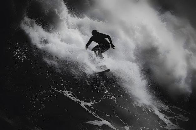 Photo gratuite portrait en noir et blanc d'une personne faisant du surf parmi les vagues