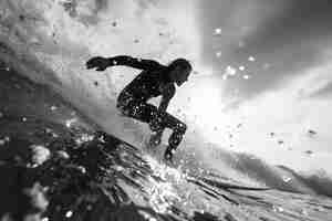 Photo gratuite portrait en noir et blanc d'une personne faisant du surf parmi les vagues