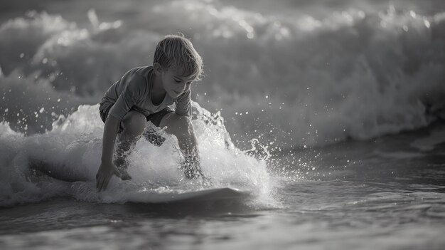 Photo gratuite portrait en noir et blanc d'une personne faisant du surf parmi les vagues