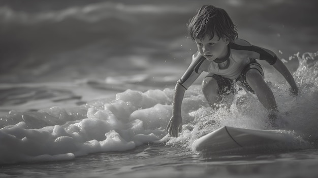 Photo gratuite portrait en noir et blanc d'une personne faisant du surf parmi les vagues