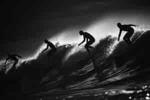 Photo gratuite portrait en noir et blanc de personnes faisant du surf parmi les vagues
