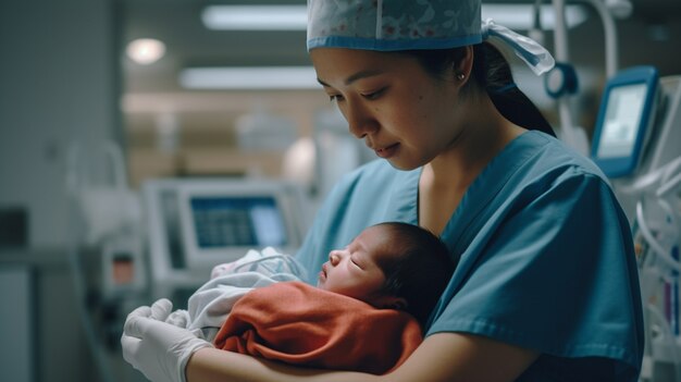 Portrait d'un nouveau-né avec une infirmière à l'hôpital