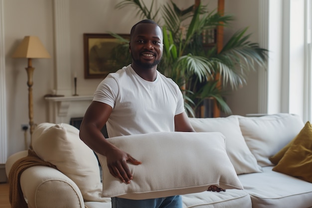 Photo gratuite portrait of man doing household chores and participating in the cleaning of the home