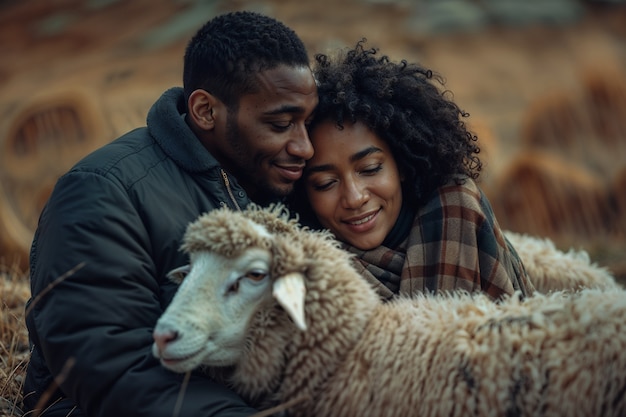 Photo gratuite portrait of people in charge of a sheep farm