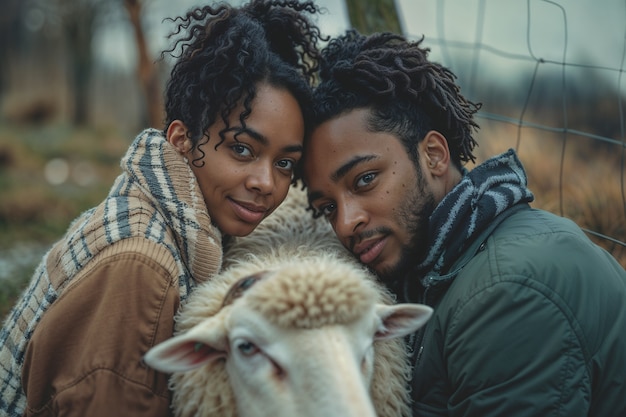 Photo gratuite portrait of people in charge of a sheep farm