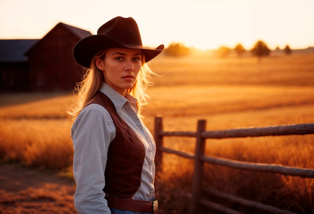 Photo gratuite portrait of photorealistic female cowboy at sunset