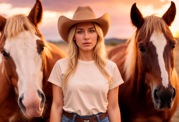 Photo gratuite portrait of photorealistic female cowboy at sunset