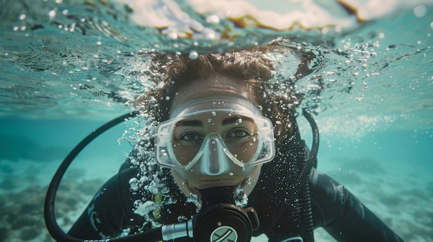 Photo gratuite portrait of scuba diver in the sea water with marine life