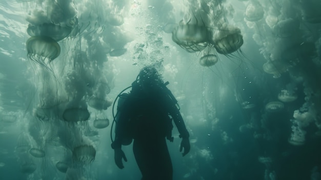 Photo gratuite portrait of scuba diver in the sea water with marine life