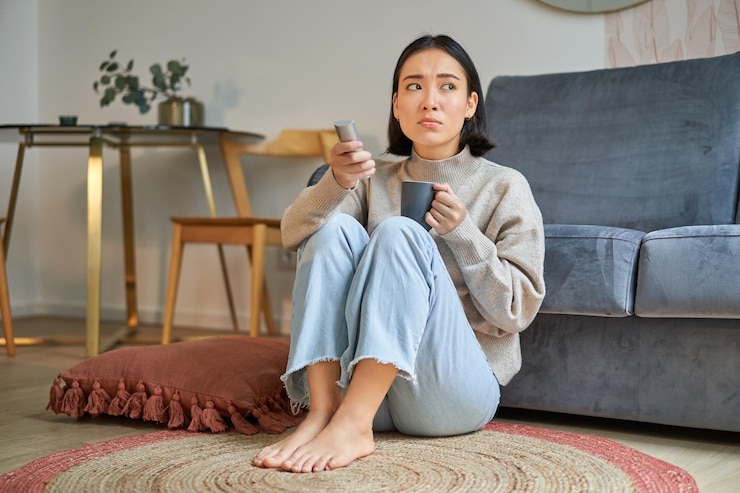 Photo gratuit portrait of young woman with remote looking tv changer de chaîne à la télévision sitting on floor nea