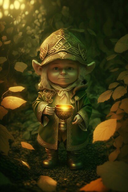 Portrait de personnage de lutin mystique entouré de nature et de végétation