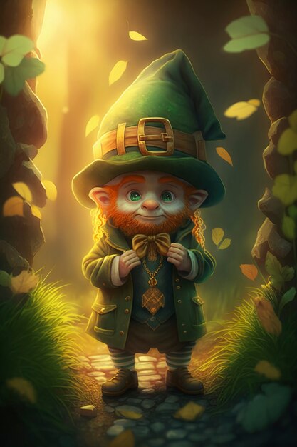 Portrait de personnage de lutin mystique entouré de nature et de végétation