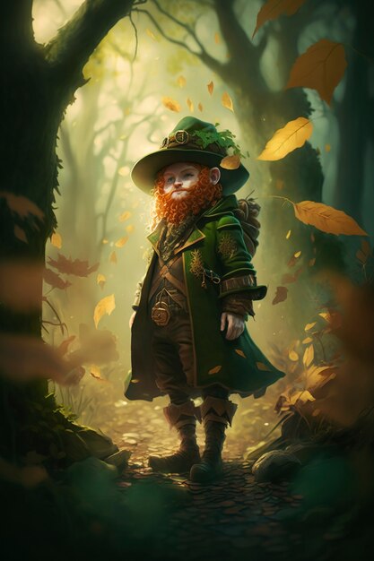 Portrait de personnage de lutin mystique entouré de nature et de végétation