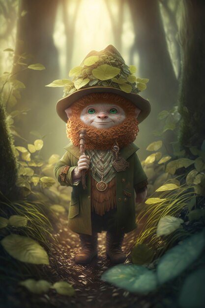 Portrait de personnage de lutin mystique entouré de nature et de végétation