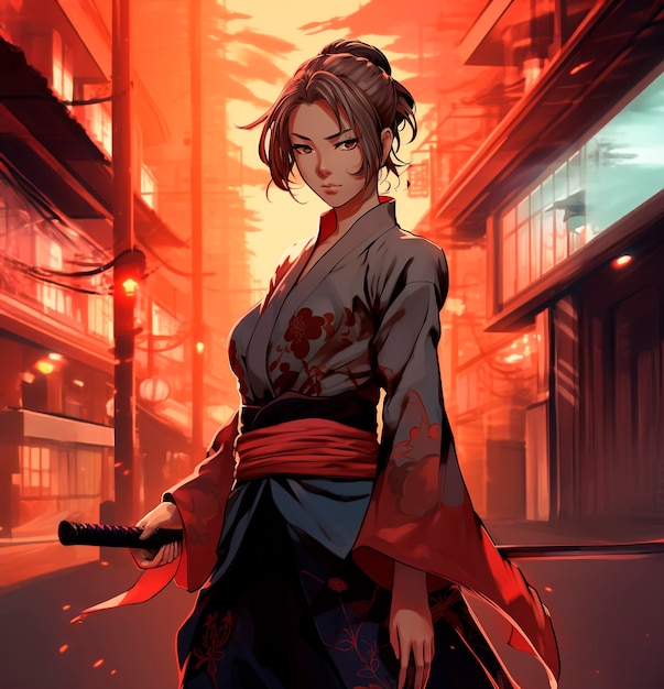 Portrait de personnage traditionnel de samouraï japonais dans le style d'anime