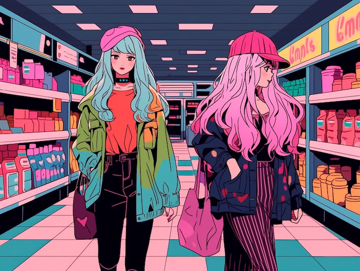 Photo gratuit portrait d'un personnage en train de faire du shopping dans le style anime