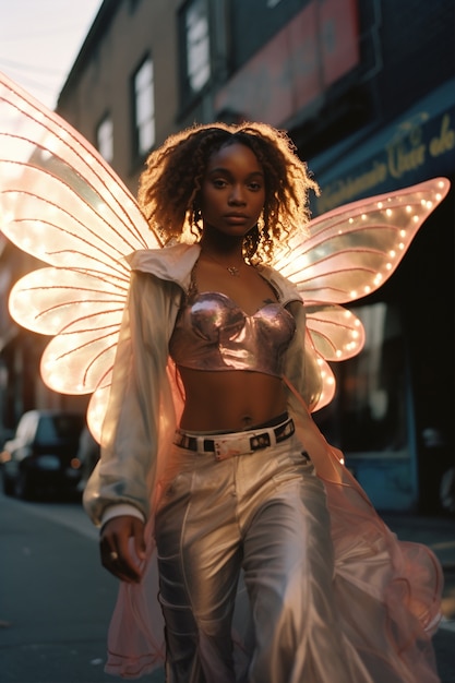 Photo gratuite portrait d'une personne avec des ailes magiques et une esthétique de fées