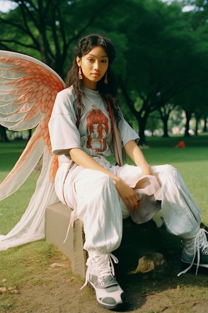 Photo gratuite portrait d'une personne avec des ailes magiques et une esthétique de fées