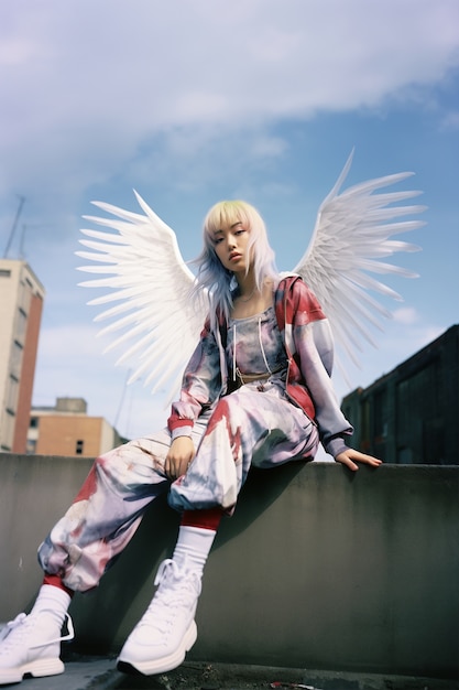 Photo gratuite portrait d'une personne avec des ailes magiques et une esthétique de fées