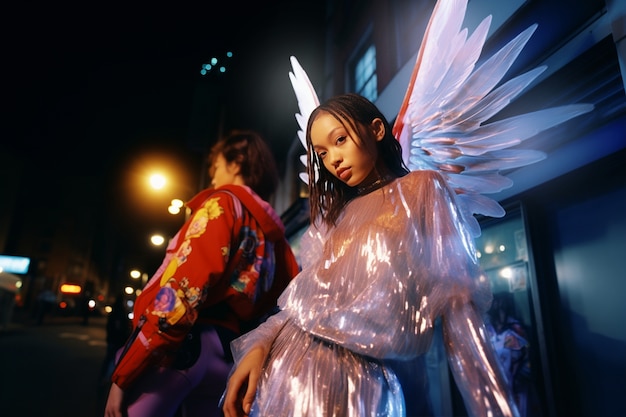 Photo gratuite portrait d'une personne avec des ailes magiques et une esthétique de fées