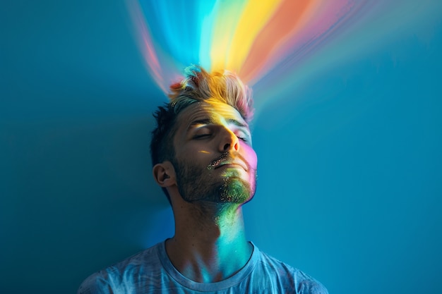 Photo gratuite portrait d'une personne avec des couleurs d'arc-en-ciel symbolisant les pensées du cerveau adhd