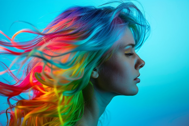 Photo gratuite portrait d'une personne avec des couleurs d'arc-en-ciel symbolisant les pensées du cerveau adhd