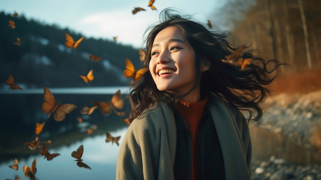 Portrait d'une personne entourée de papillons