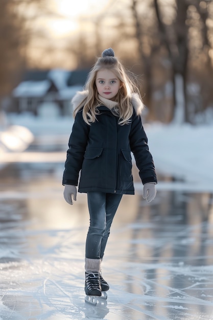 Photo gratuite portrait d'une personne patinant sur glace en plein air pendant l'hiver