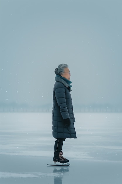 Photo gratuite portrait d'une personne patinant sur glace en plein air pendant l'hiver