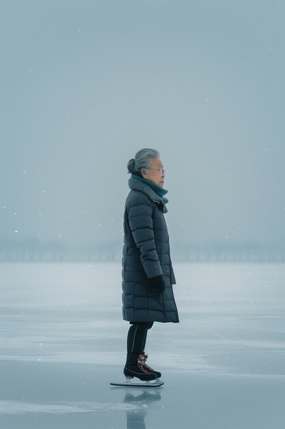 Portrait d'une personne patinant sur glace en plein air pendant l'hiver