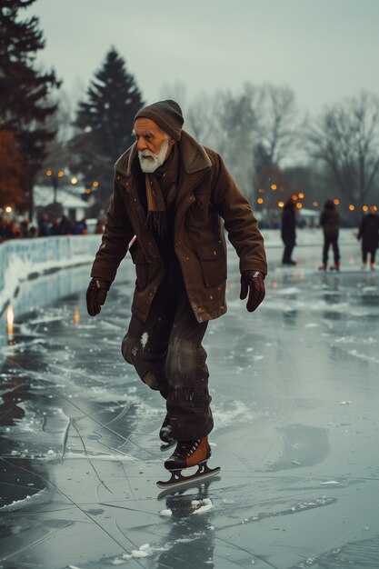 Portrait d'une personne patinant sur glace en plein air pendant l'hiver