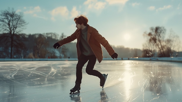 Portrait d'une personne patinant sur glace en plein air pendant l'hiver