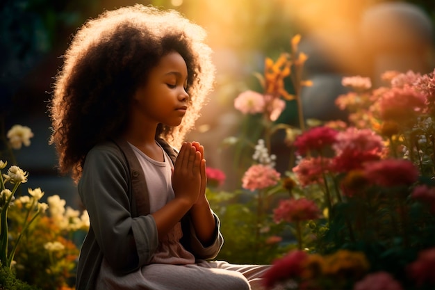 Portrait d'une personne pratiquant le yoga avec un fond floral