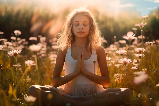 Portrait d'une personne pratiquant le yoga avec un fond floral